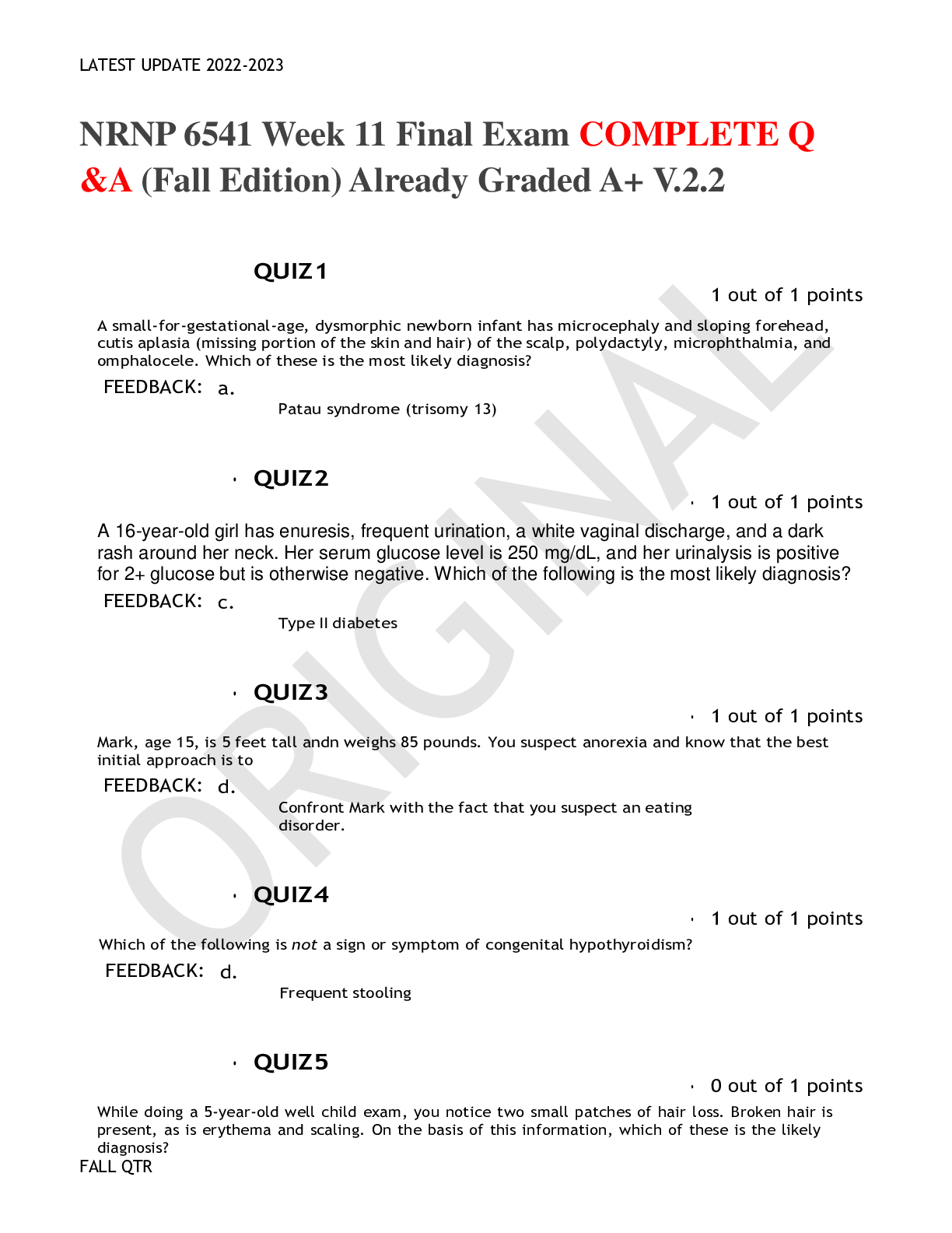 Preview image for NRNP 6541 Week 11 Final Exam COMPLETE Q &A (Fall Edition) Already Graded A+ V.2.2
